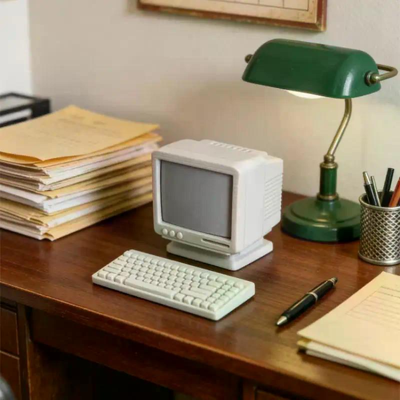 1/12 1/18 Scale Dollhouse Mini Retro Desktop Computer Model Miniature Home Scene Ornament Pretend Play Toy