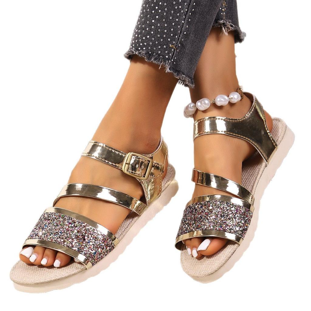 Large size summer new sequins fashionable one-word buckle with platform sandals versatile and comfortable women's sandals