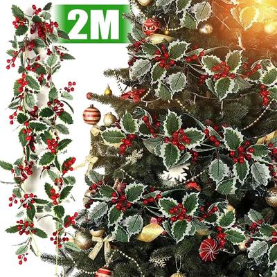 1/2PCS Leaves Red Berries Ratten 2M Christmas Tree Garland Decor Artificial Holly Berry Ivy DIY Wreath Wedding Home Accessories