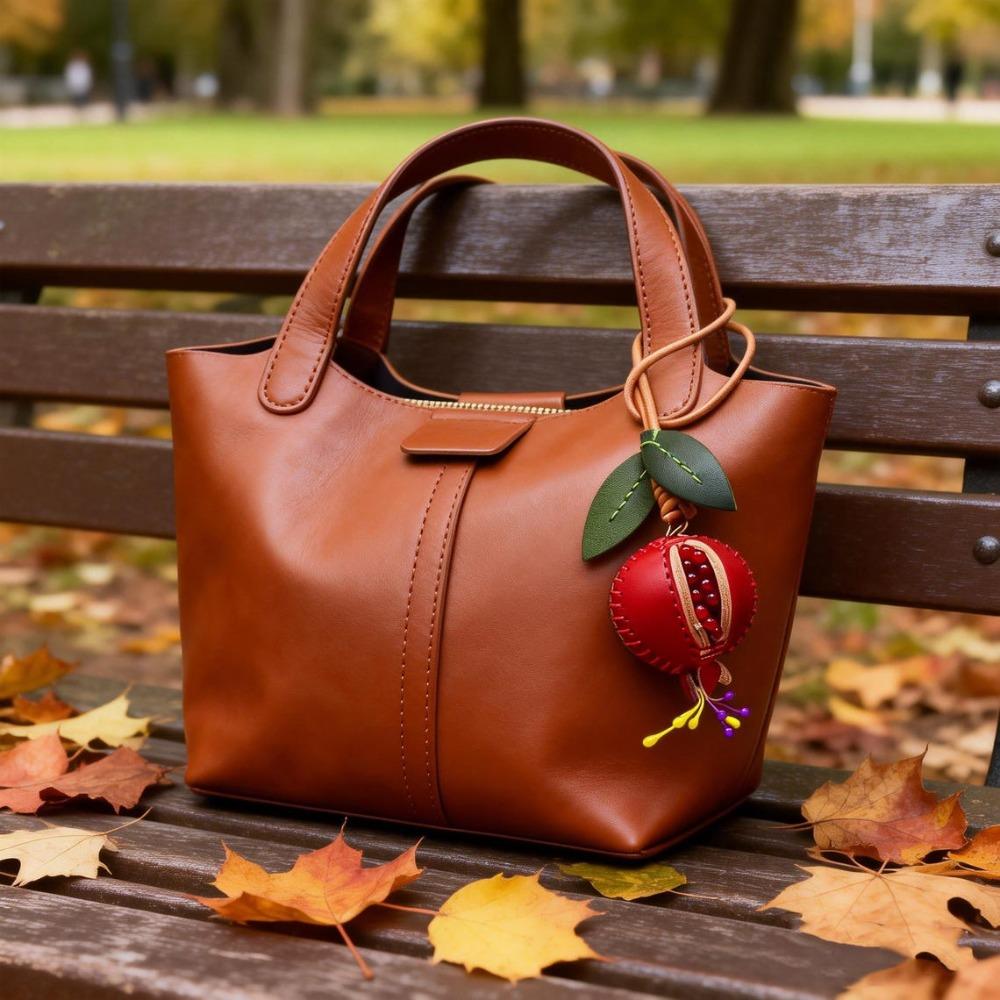 Pomegranate Handmade Genuine Veg Tan Leather Bag Charm Fruit For Women Luxury Purse Decoration Gift Multi Options Bag Charm