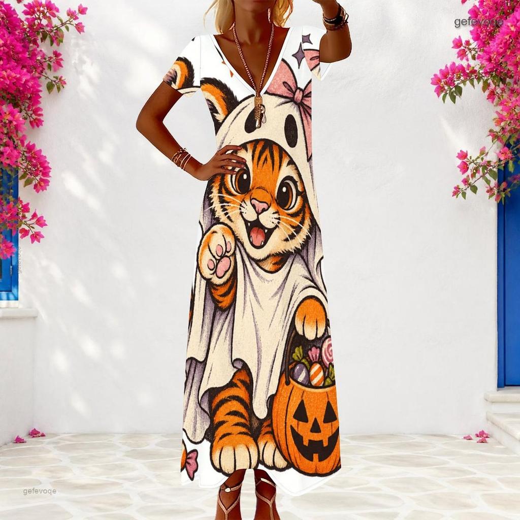 Women Plus Size V Neck Short Sleeve Colorful Printed Long Dress