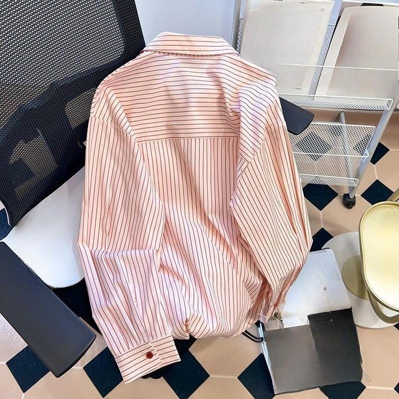 Pink Striped Women's Shirt French Style Loose Flip Collar Single Breasted Pocket Blouse Casual Fashionable Famale Long Sleeved Top