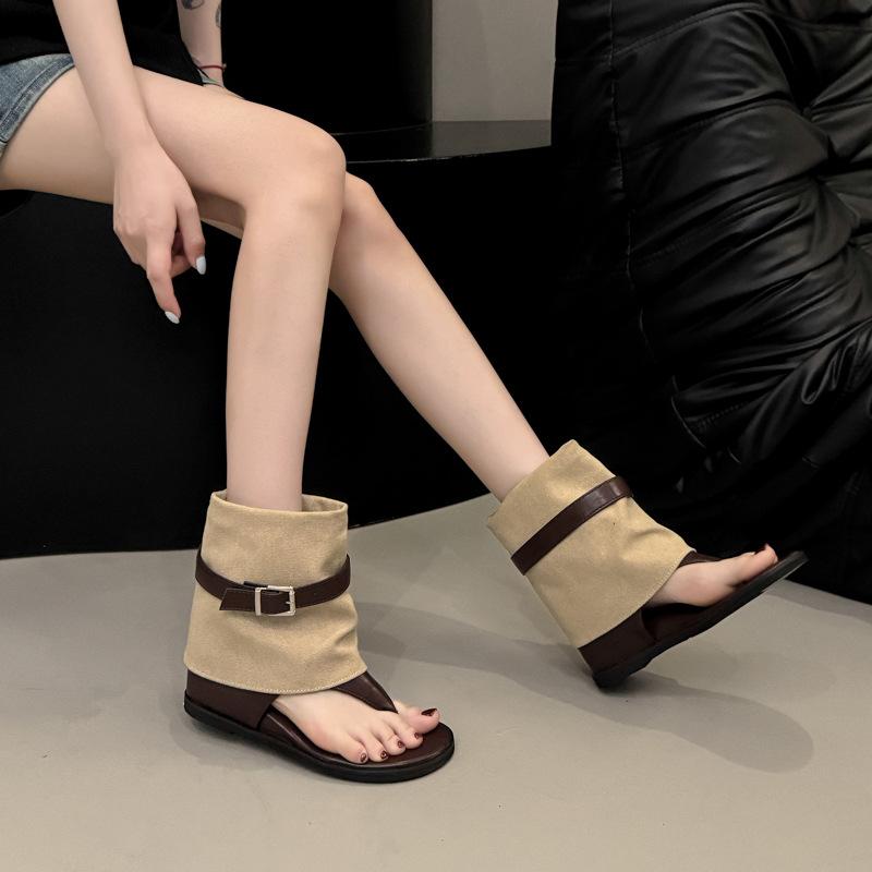 2025 fashion open-toed herringbone boots inner height increase short boots belt buckle spring and summer new trouser boots two wear cool boots
