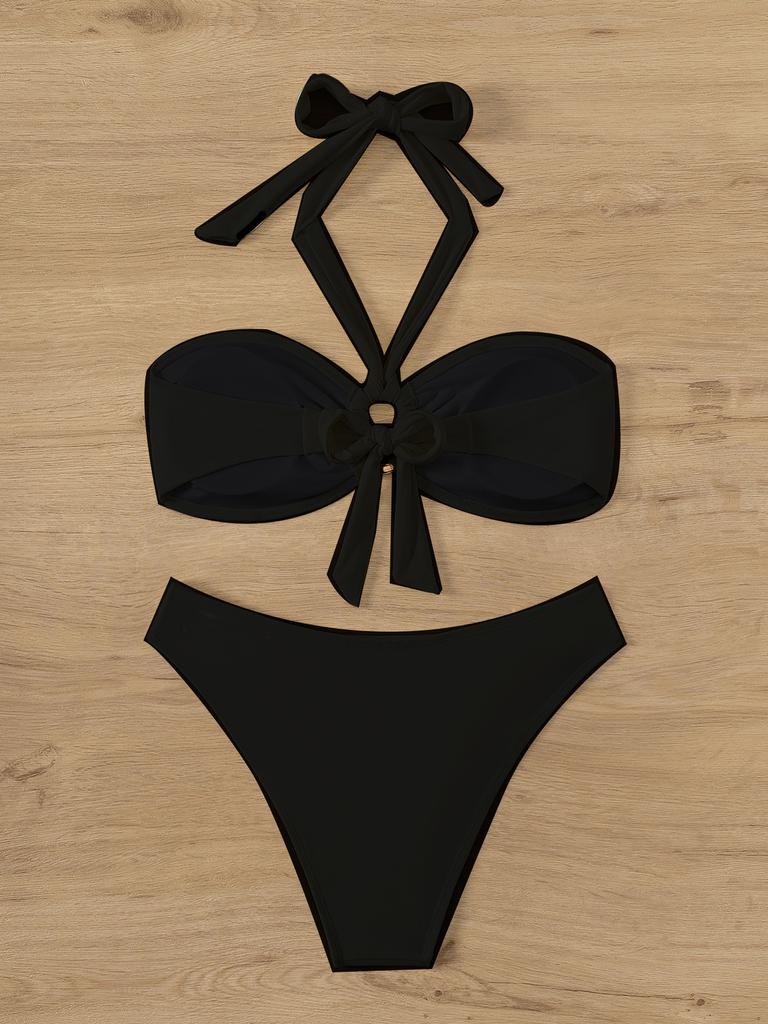 Solid Color Halter Strap Tube Top Sexy Bikini Split Swimsuit