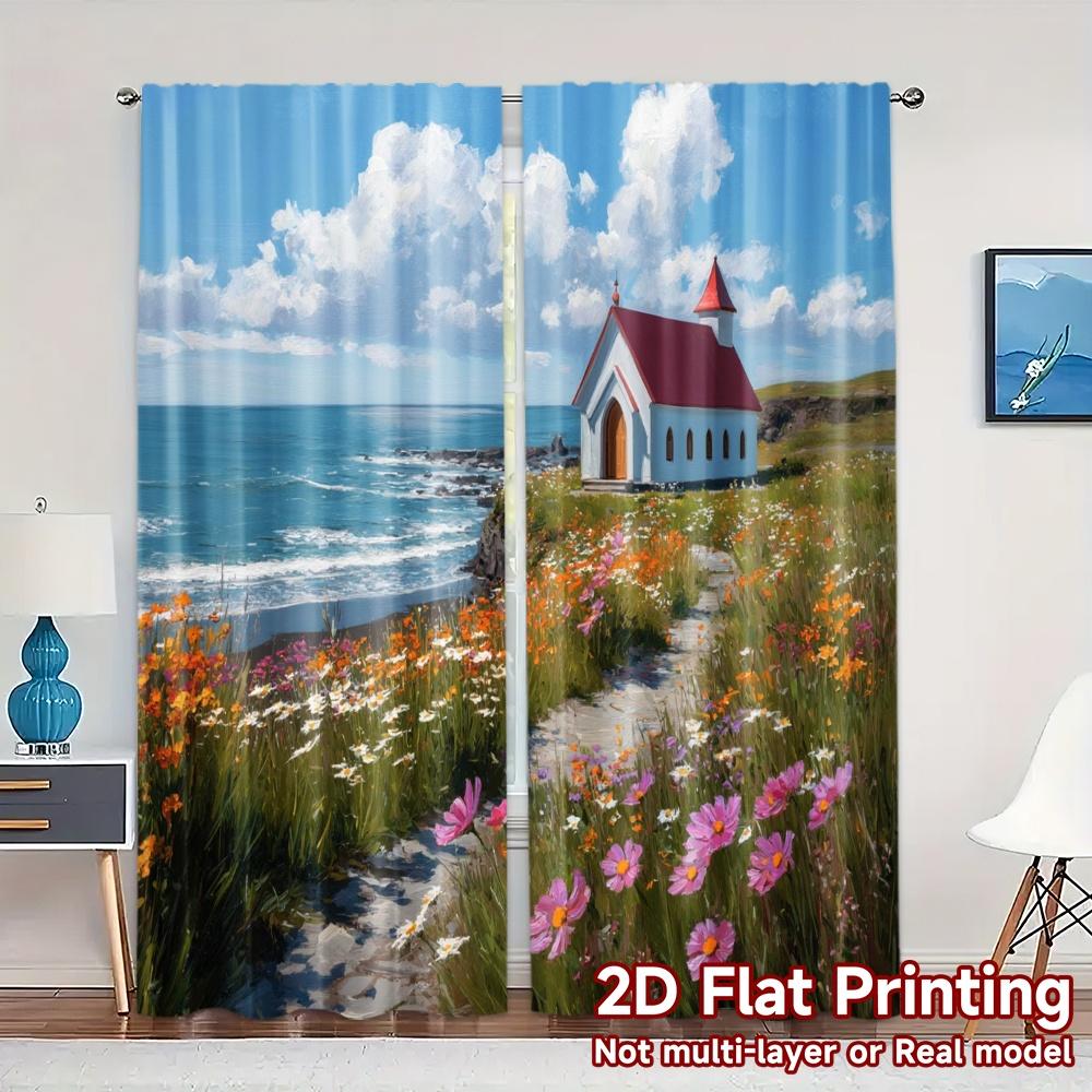 

Set Of 2 Modern Flat Printing Curtains Without Rod Seaside Chapel Print Durable Polyester Curtain Thermal Made W100*H70(CM)-Grommet top&2PCS