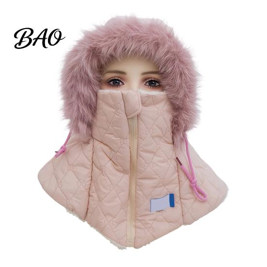 Fashionable Winter Headwear Women Balaclava Hat, Quilted Face Mask Hood Zipper Closure, Fuzzy Trim, Hat for Cold Weather Fleece Lined, Warm Windproof