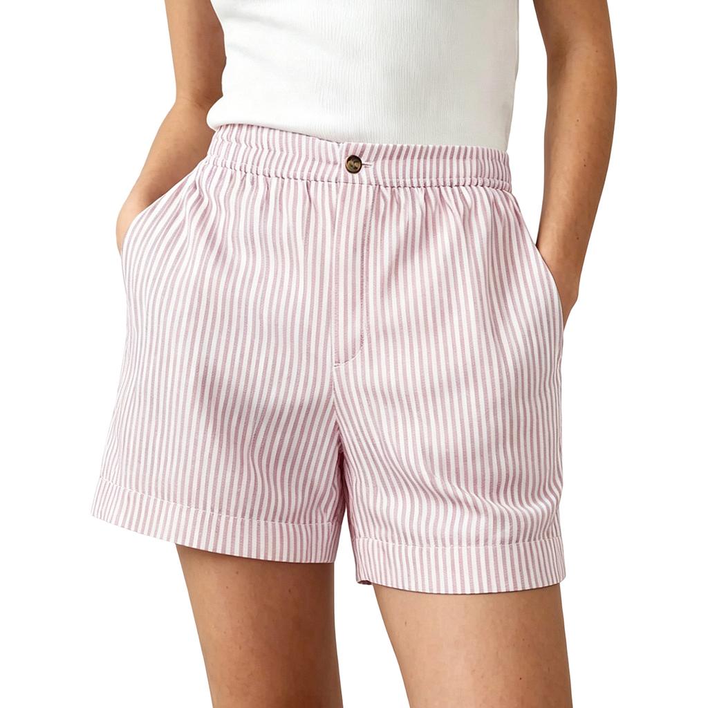 Women's Casual Loose Fit Striped Shorts Elastic Waistband with Button Closure Side Pockets Lightweight Summer Bottoms