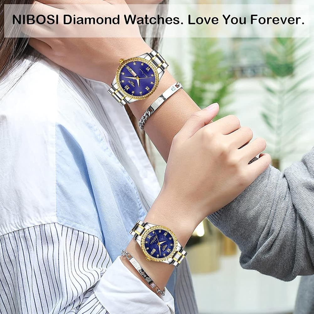 Pair Classic Stainless Steel Watches for Couples with Diamond Accents, Waterproof, Gold Finish