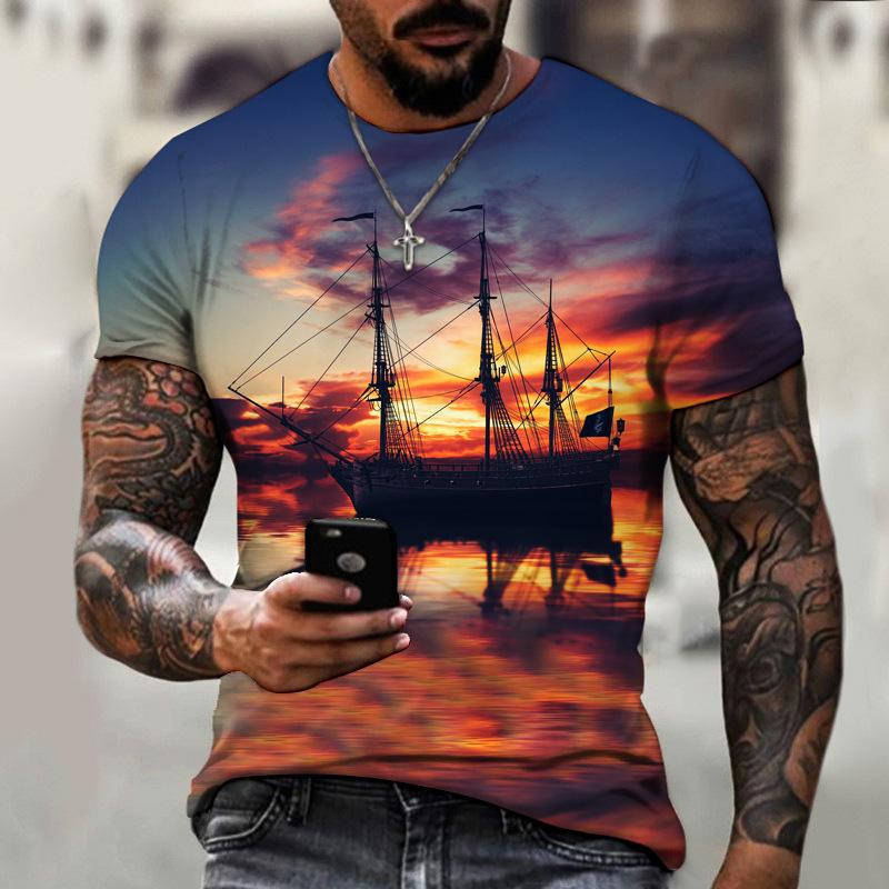 Vintage T-Shirts Men Spring Clothing Boat Graphic Apparel Streetwear Men's Clothing Casual Short Sleeve Tops For Male Shirt Tees