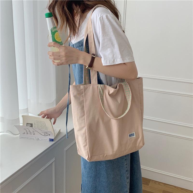 Splicing Double-sided Bag, Simple Plaid Shoulder Bag, Student and Female Leisure Dual-purpose Canvas Bag