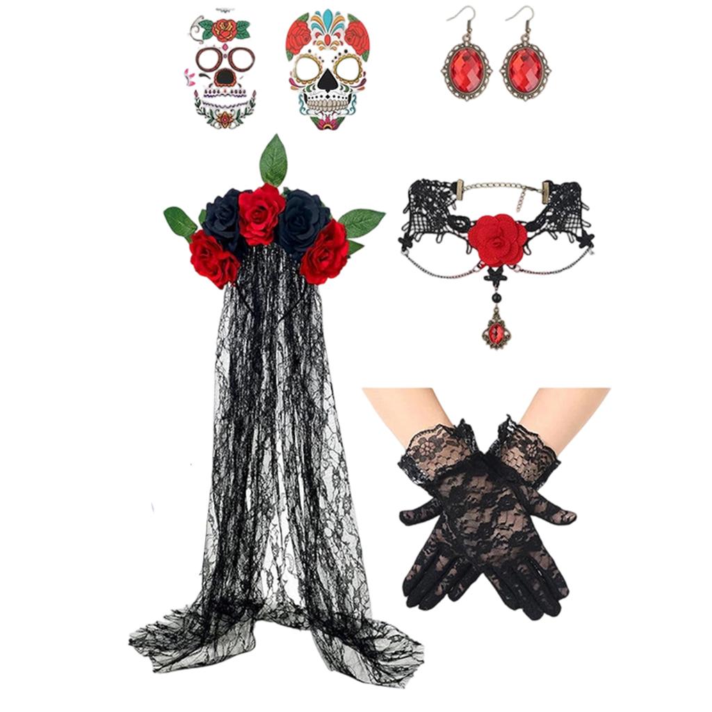 Halloween Headband Necklace Gloves Earrings Sticker 5-Piece Costume Accessories Set for Women Girls