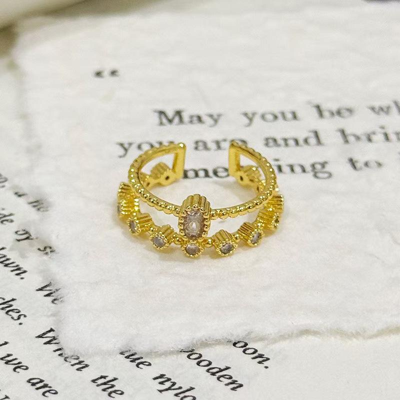 Medieval Vintage Water Drop Zircon Hammer Pattern Love Copper Coin Open Ring Personality Niche High Sense Ring Woman