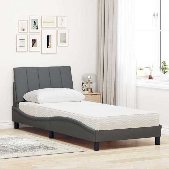 VidaXL Lit avec matelas gris foncé 90x200 cm tissu, meuble de chambre à coucher, lit simple, lit à panneaux, sommier, lit 3310504