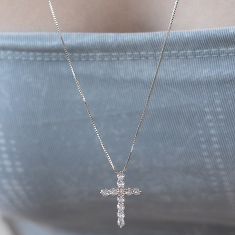 

TATIANA (925 Silver) Cubic Cross Pendant Long Necklace NZ2484 Original Rhodium