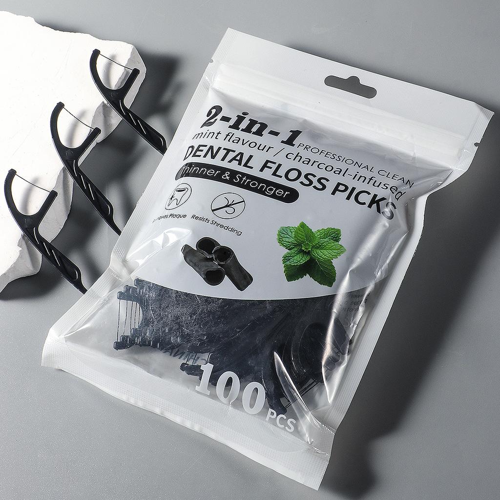 600/300/100/30PCS 2-in-1 bamboo charcoal mint dental floss stick, interdental cleaning tool, free dental floss box, suitable for