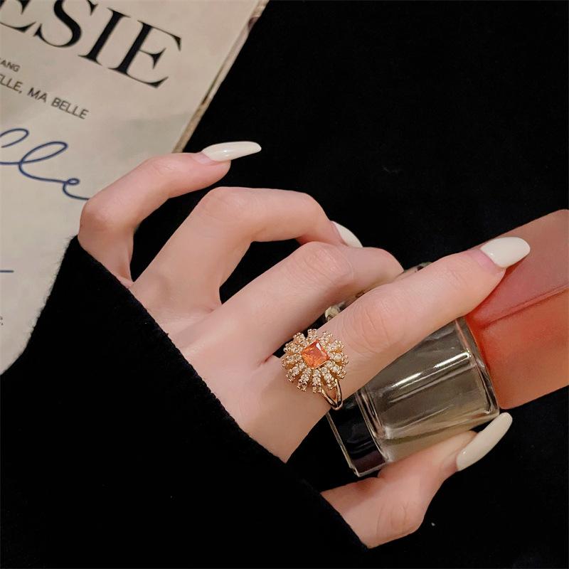Caibao Series Light Luxury Elegant High Sense Exquisite Full Of Diamonds Zircon Flower Opening Ring Medieval Woven Index Finger Ring