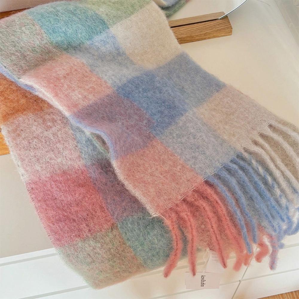 Female Korean Style Cashmere Scarf Long Tassel Gradient Tie Dye Scarf Rainbow Winter Plaid Shawl