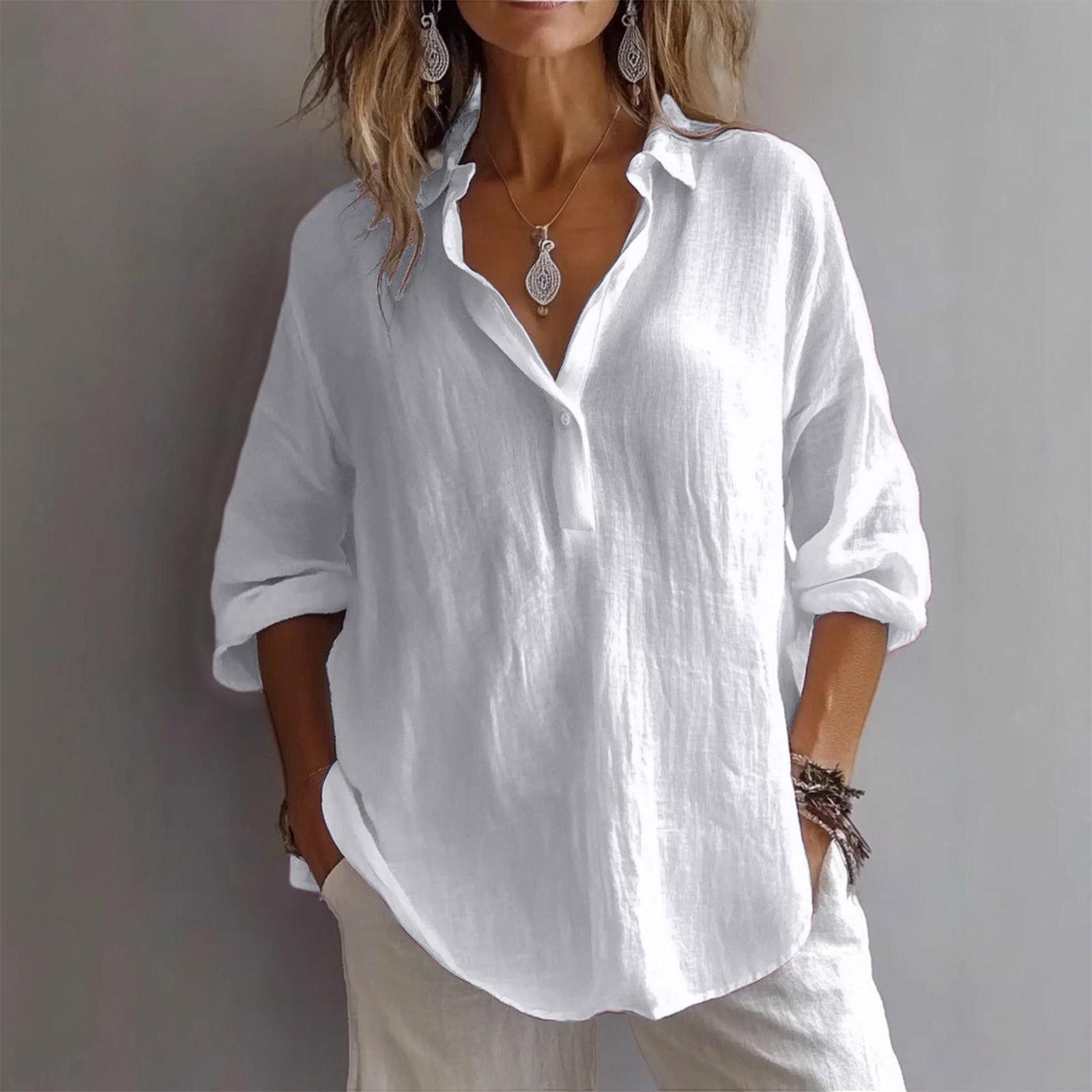 Women s Loose-fitting, -color, Casual Three-quarter Sleeve Linen Shirt XL белый