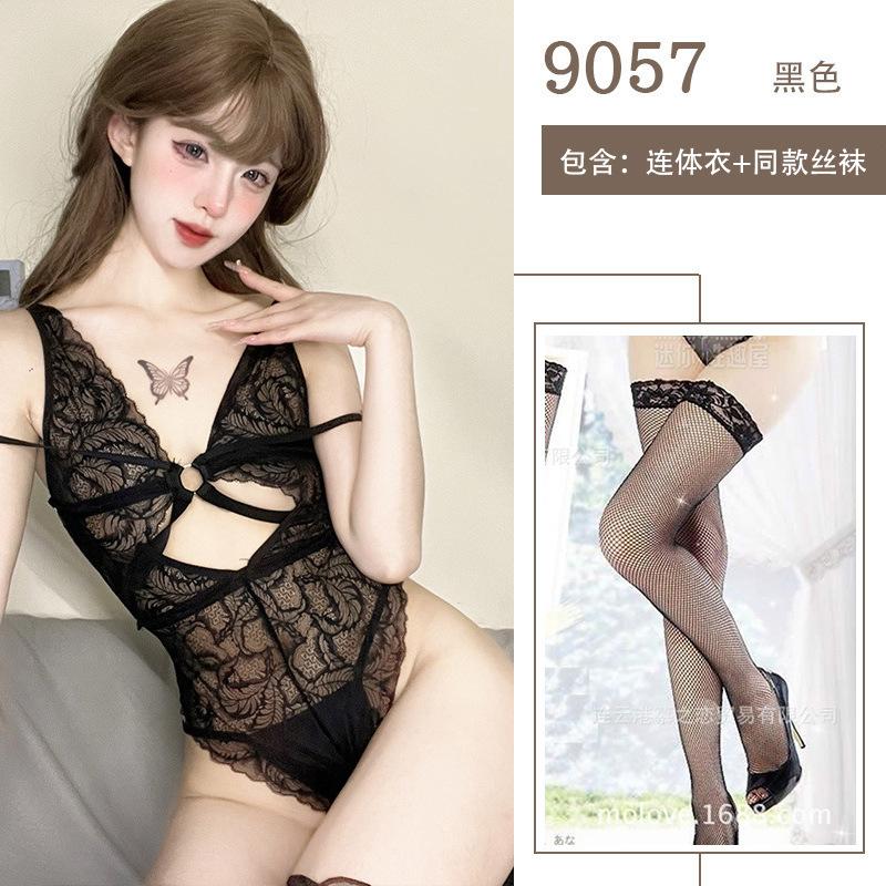 Sexy Erotic Underwear Transparent Hollow Lace One-piece Erotic Clothes for Women Without Small Breasts Showing Big Hot Temptation