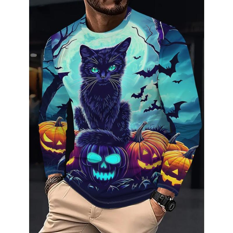 Men's Long Sleeve T-Shirt Halloween Black Cat Pumpkin Bat 3D Print Crew Neck Casual Streetwear Tops