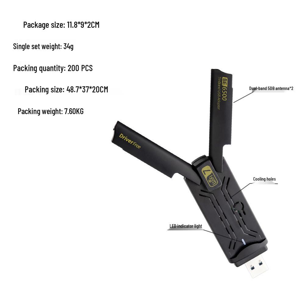 WiFi 7 Tri-Band BE6500 Desktop & Laptop USB Wireless Gaming Network Card, 6500M, Driver-Free.