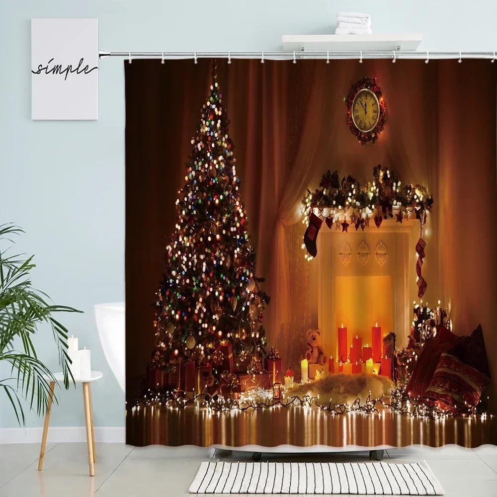 GAEMerry Christmas Shower Curtain Xmas Tree Fireplace Holiday Gifts Interior Old Decor Bathroom Waterproof Curtains With Hook