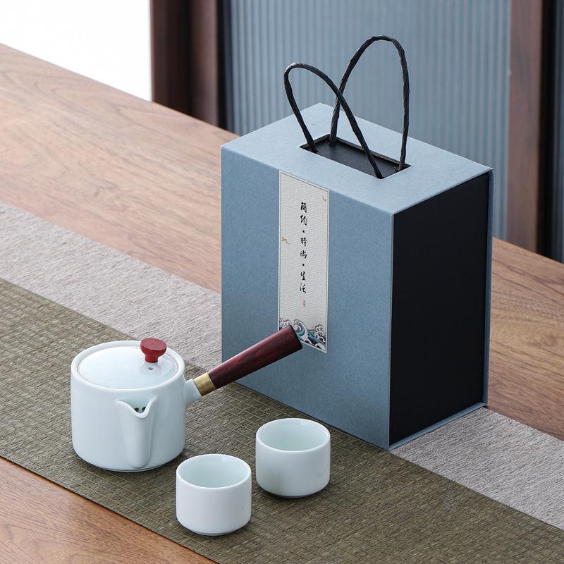 Suet jade white porcelain side handle pot tea set gift box gift business gift