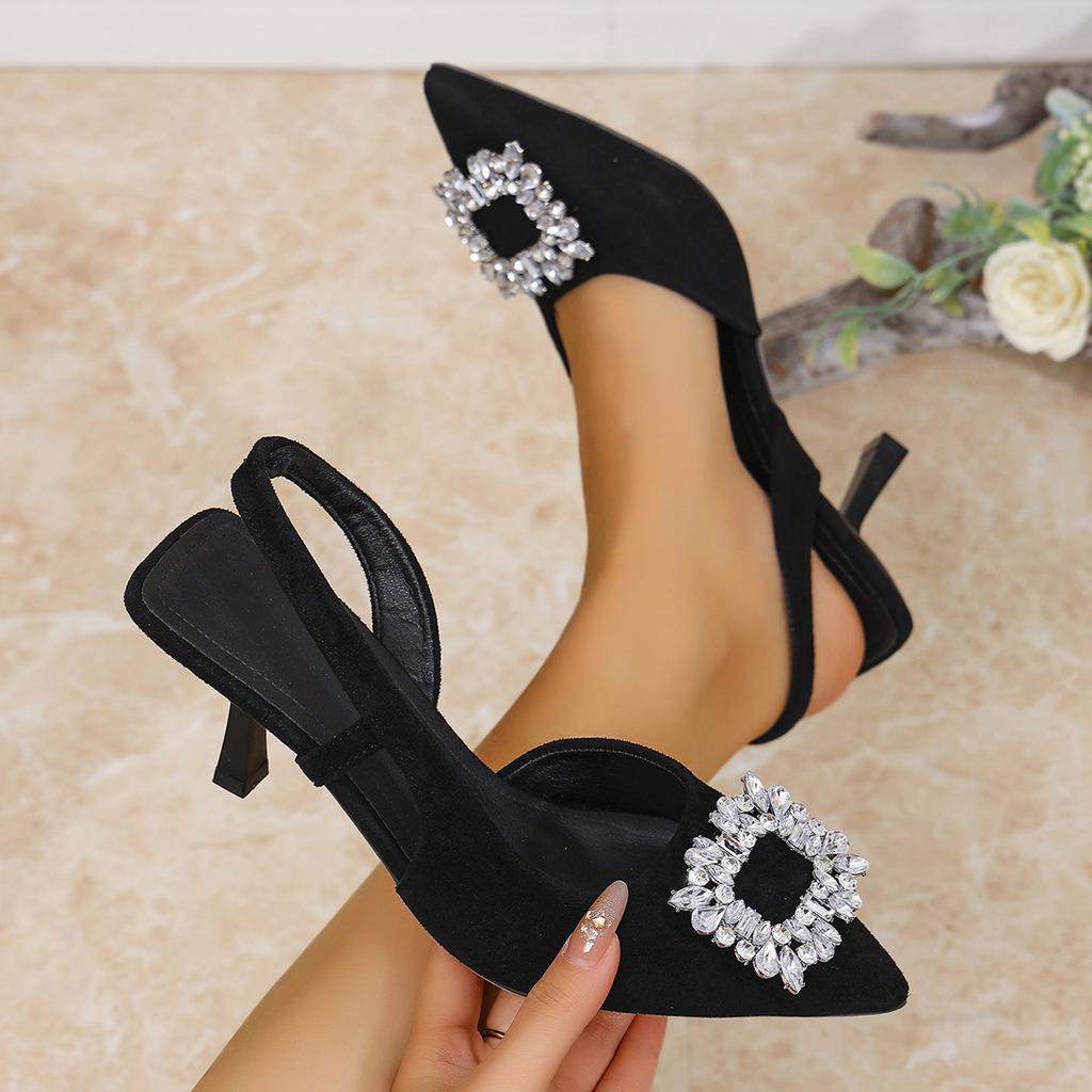 Fashion Elegant Ladies Crystal Buckle Pumps Summer 2025 Sexy Pointed Toe High Heels Sandals Women Back Strap Party Wedding Shoes Woman