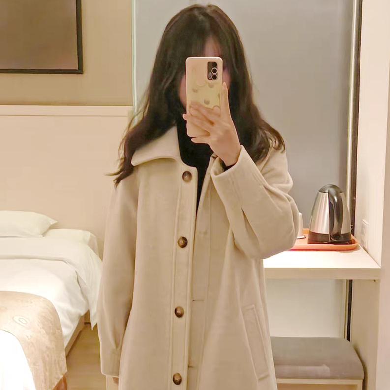 Long-Length Thickened Mid-Length Woolen Outer Wear for Women Button Design Autumn Winter Elegant Coat