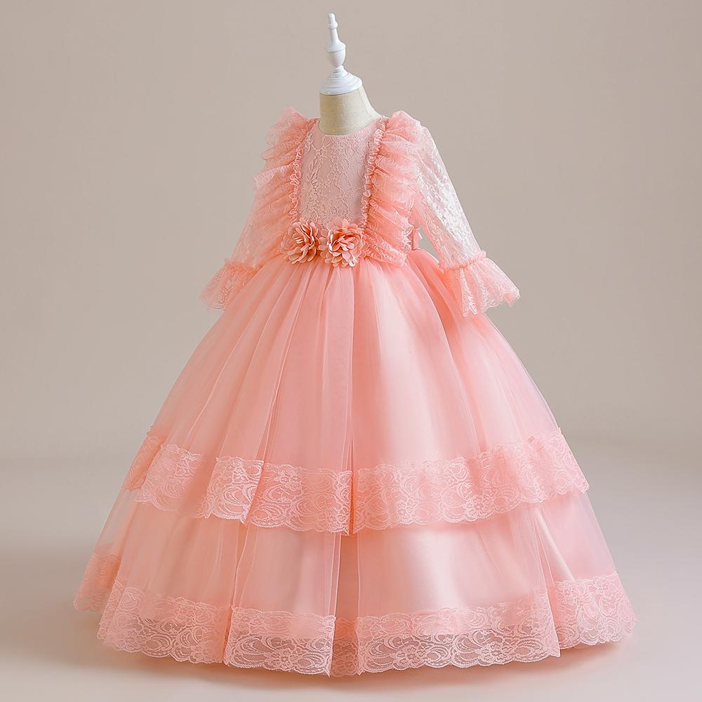Flauschige Mädchen-Partykleider, weiße Spitze, Schleife, Bridemaid, Hochzeit, Prinzessin, Kinderkleid für Mädchen, halbe Ärmel, Geburtstagskleid, Kostüm