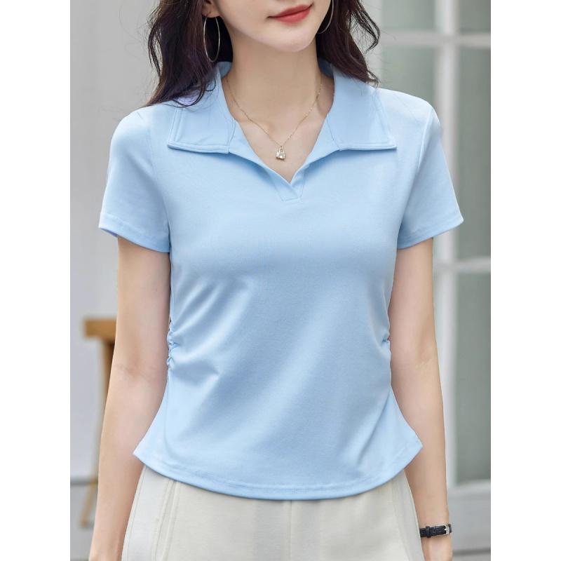 Turn-down Collar Short Sleeve T-shirt White Polo Shirt Women's Summer New Style Elegant Top Solid Color Casual T-shirt