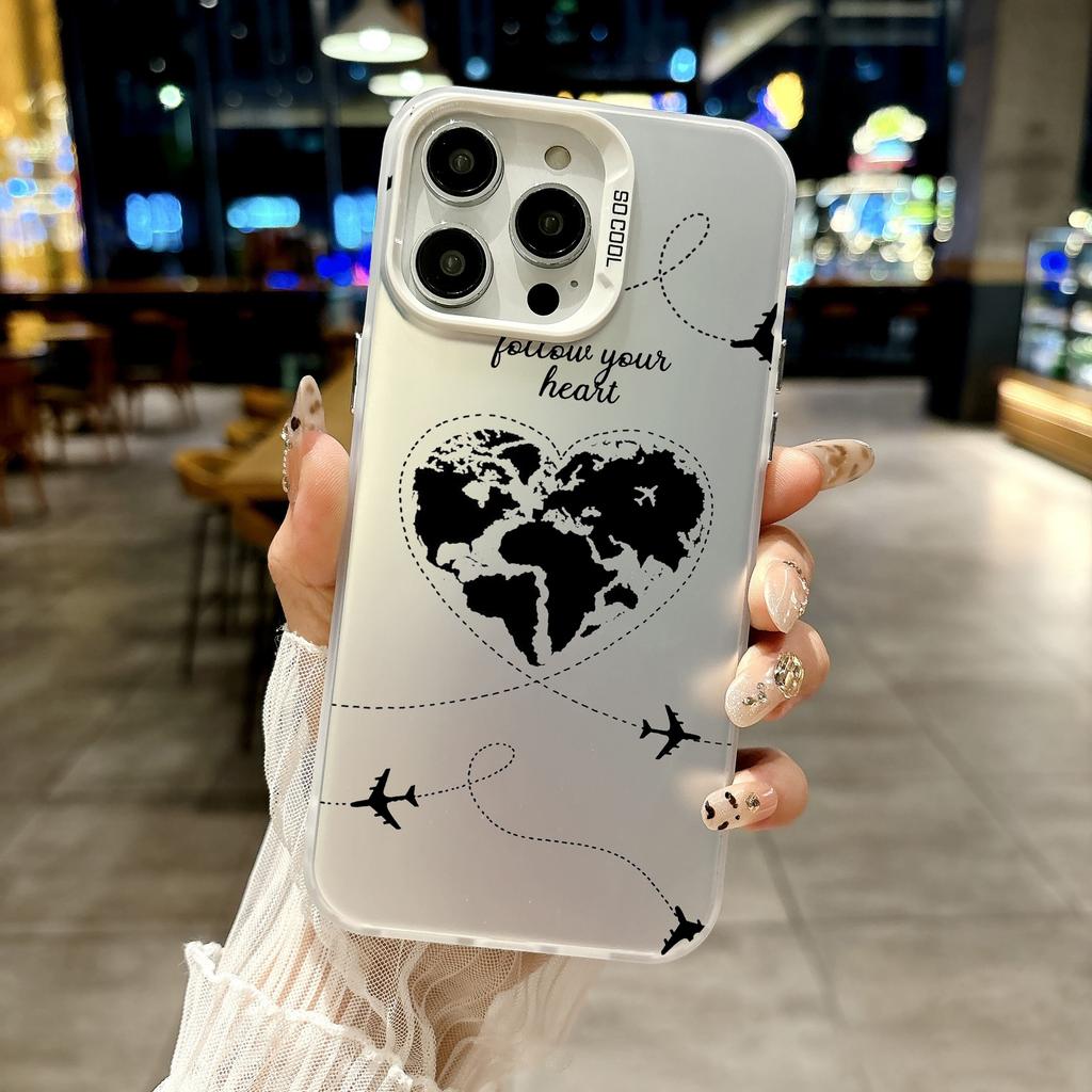 Color Phone Case For iPhone 17 16E 16 11 15 14 Pro MAX 12 13 MINI 7 8 Plus XR SE Silver IMD Cover Cartoon World map scenery