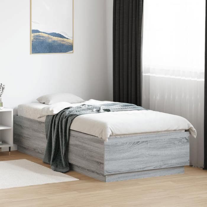 VidaXL Cadre de Lit avec Lumières LED, Lit Simple avec Sommier à Lattes, Lit Adulte de Chambre, Moderne, Sonoma Gris 90x200 3209637