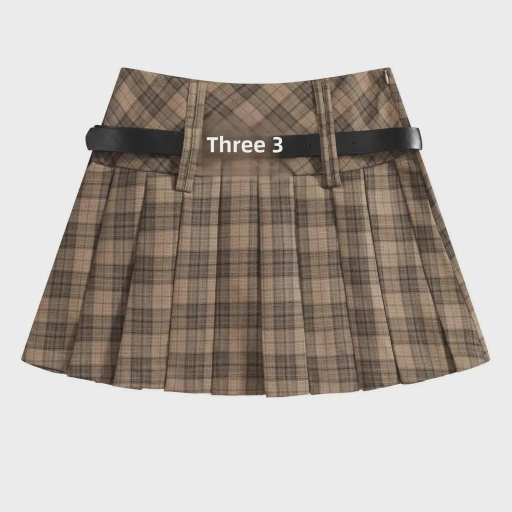 Gonna Midi Plissettata da Donna Autunnale Retro a Quadri a Vita Alta con Shorts Anti-Esposizione