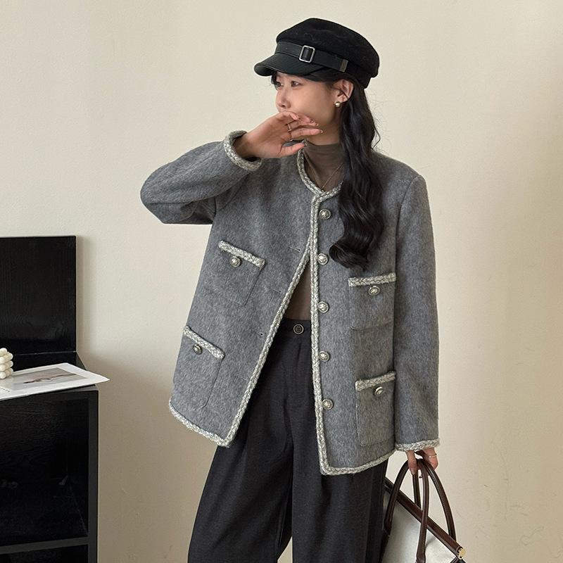 Premium gray wool small fragrant jacket women's autumn and winter French retro long tweed and cotton top