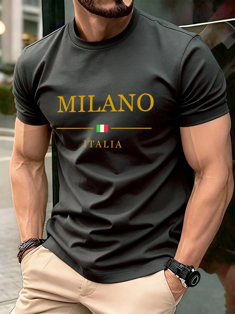 Milano Italien Letter Print Herren T-Shirts Baumwolle Sommer Oversized Rundhals Oberteile Kurzarm Weiches T-Shirt Lässige Herrenbekleidung