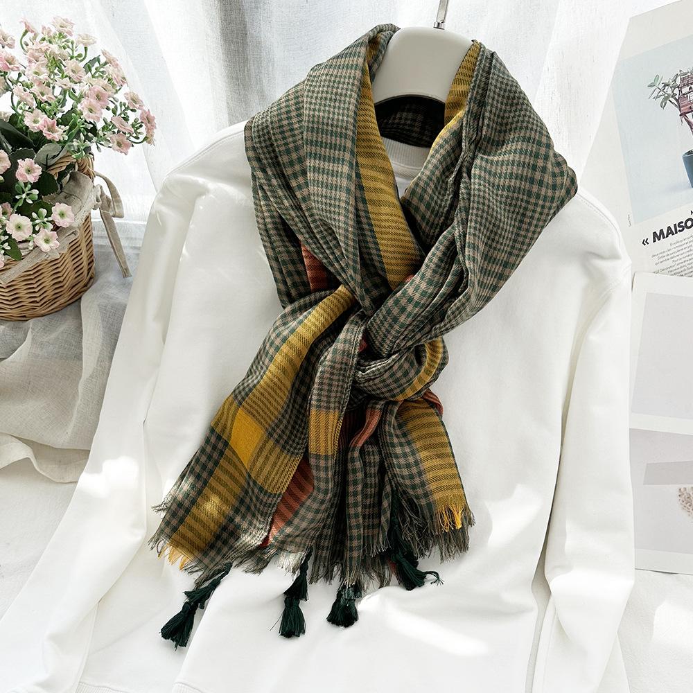 Classic thousand bird grid scarf female, simple style fringed grid silk scarf shawl scarf