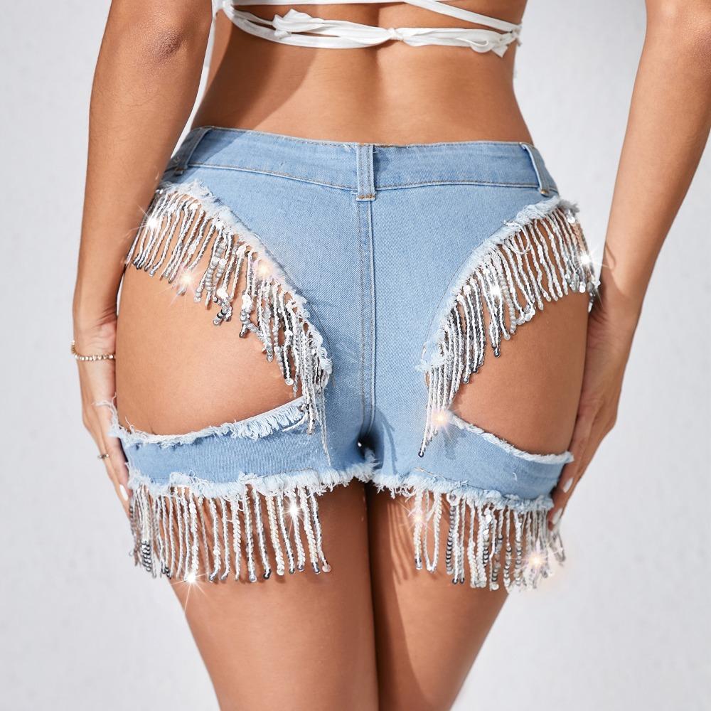 Women's High Waist Skinny Denim Shorts Sequin Fringe Cutout Hot Pants Sexy Club Mini Jeans