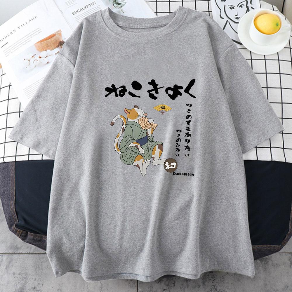 Japanese Kanji Cat Tshirt for Women Fashion Print Animals Summer Short Sleeve Female Kawaii T Shirt Cute Young Girl Clothes Y2k