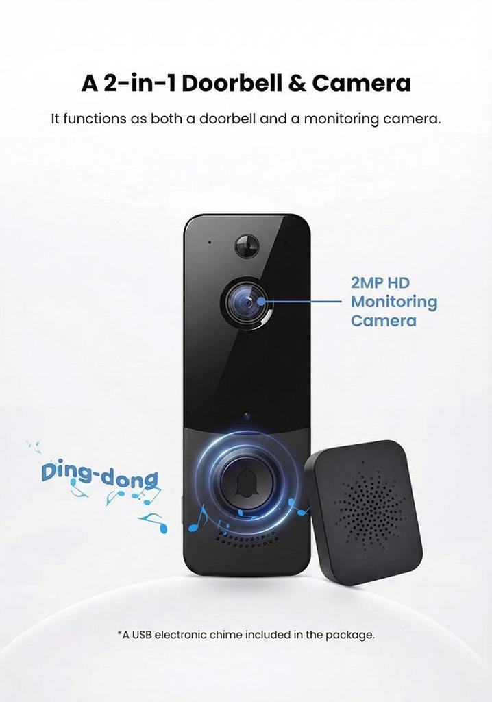 HD Wireless Video Doorbell with PIR Motion Detection, Two-Way Talk & Night Vision