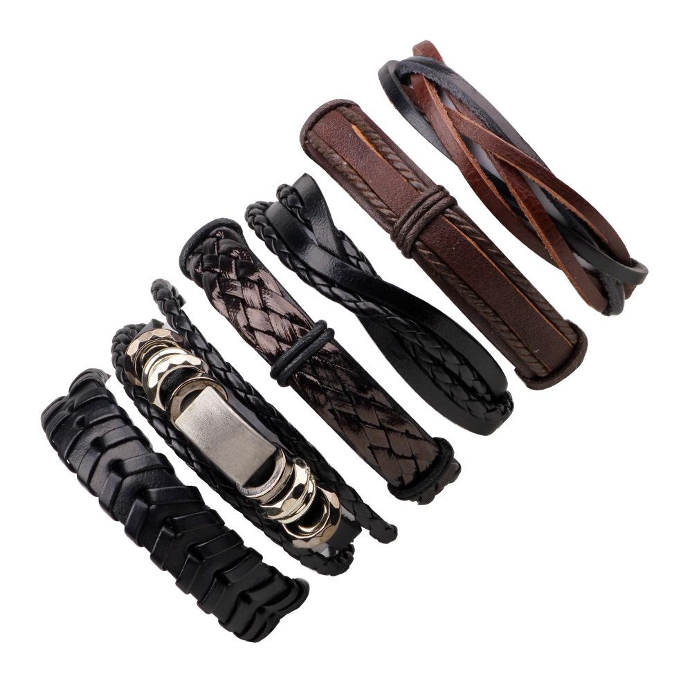 

Men s Retro Minimalist Woven Leather Bracelet Set with Metal Tag