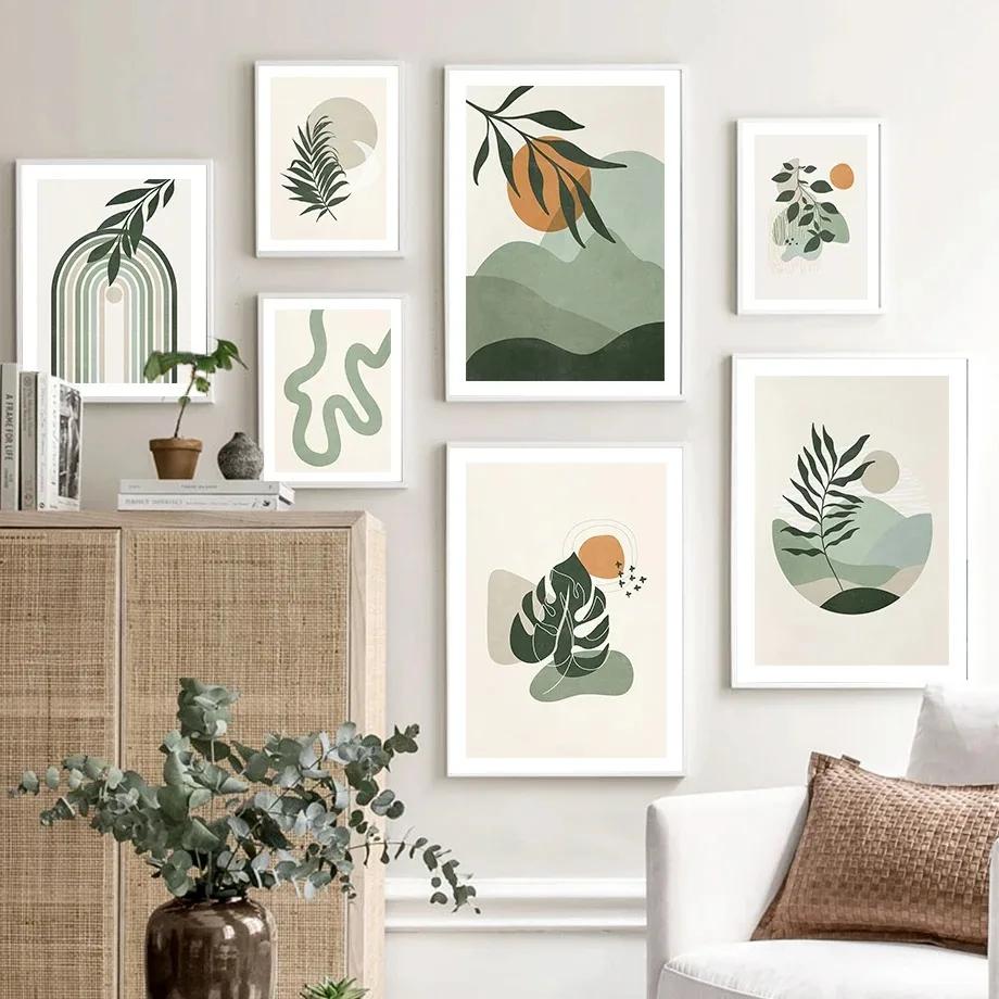 Abstract Green Plant Poster and Print Line Bohemian Moon Wall Art Sage Canvas Painting Nordic Wall Picture Living RoomDecorat