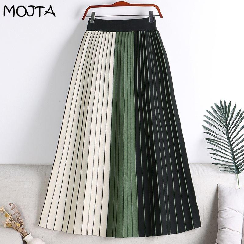 MOJTA Mid-length Skirt Spring Summer Women's Elastic High Waist Skirt A-line Long Skirt
