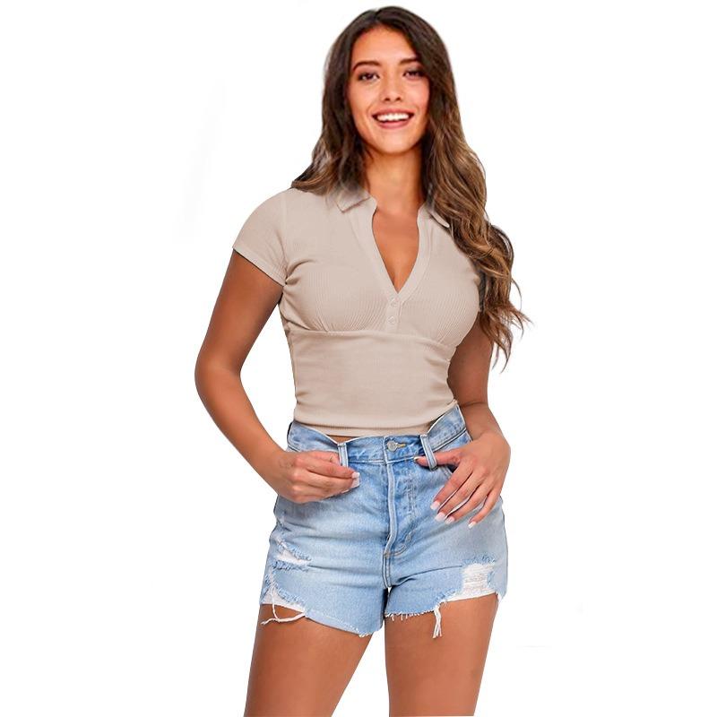 IHUASU Women's Fashion Casual Solid Color Print V-Neck Short Sleeve Blouses & Shirts