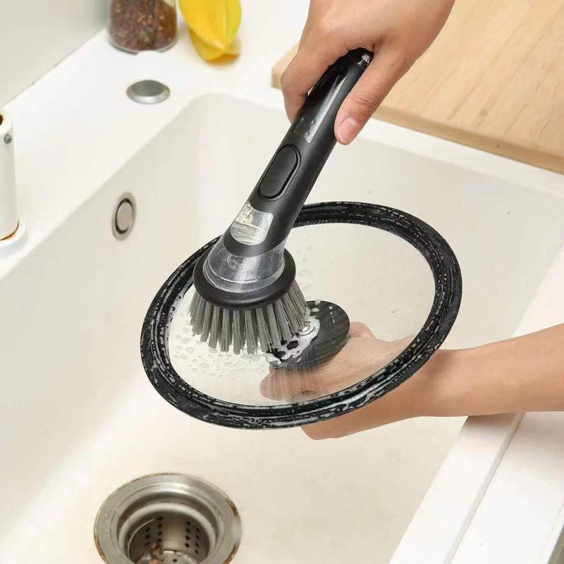 Premium Long-Handled Liquid-Dispensing Pot and Dish Brush for Efficient Kitchen Cleaning
