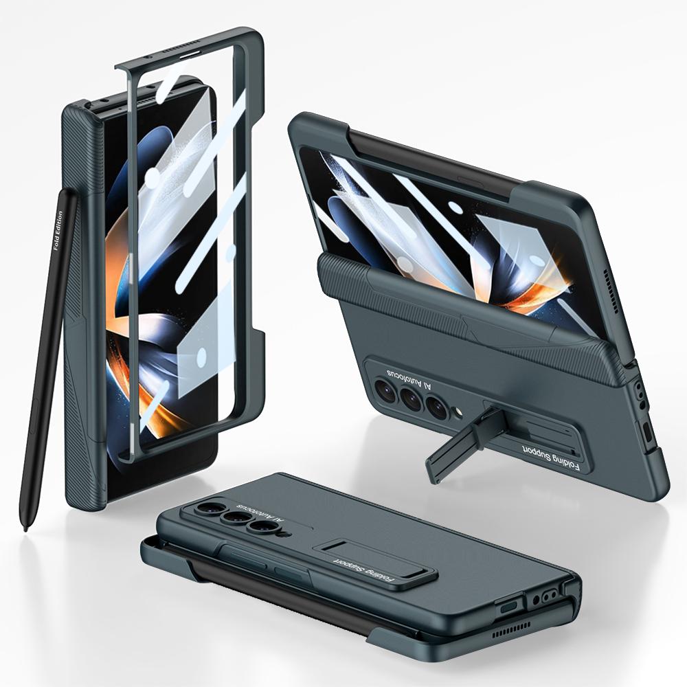 For Samsung Galaxy Z Fold 4 Case Ultra Thin Matte Magnetic Folding Hinge Kickstand With Side Pen Slot Tempered Film Hard Cover