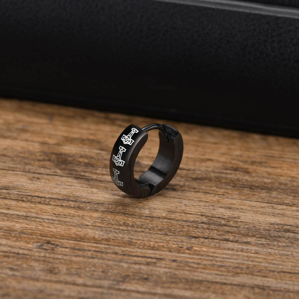 Black Viking Thors Hammer Earrings for Men Boys, Waterproof Stainless Steel Hoop Huggie Earring Jewelry, brincos masculinos