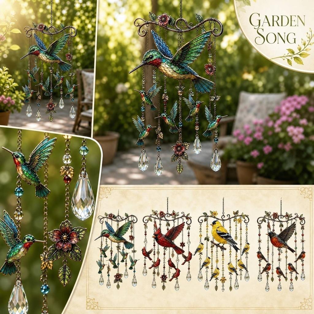 Stained Glass Hummingbird Wind Chime with Hanging Crystals and Floral Accents for Indoor Outdoor Home Garden Decor
