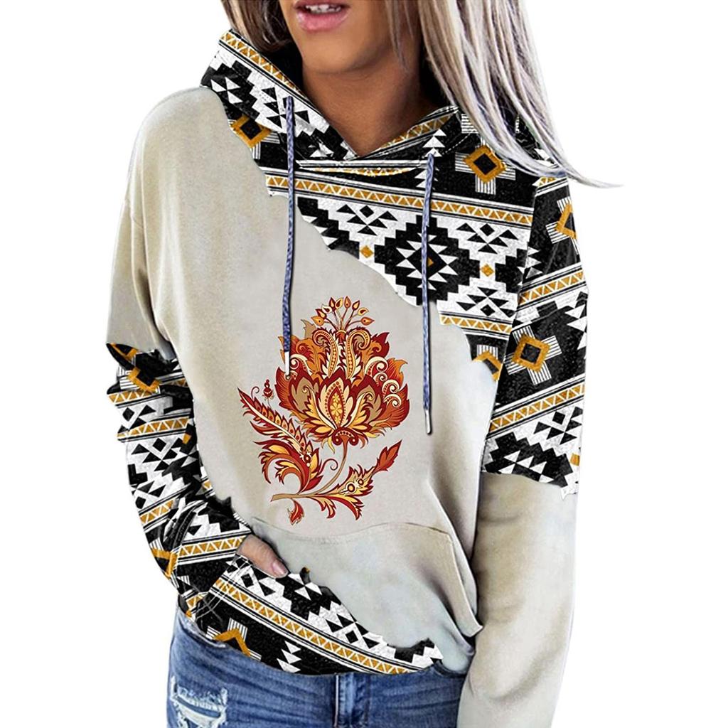 Women's Aztec Hoodie Geometric Pattern Long Sleeve Colour Block Pullover Drawstring Sweatshirt
