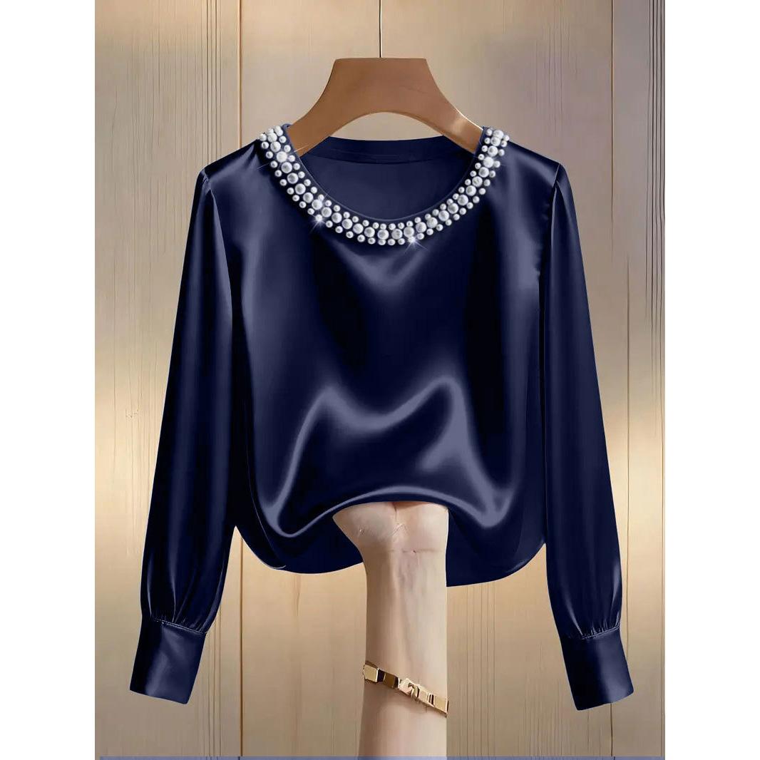 Spring and Summer French High-end Pearl Round Neck Satin Shirt Top for Women S